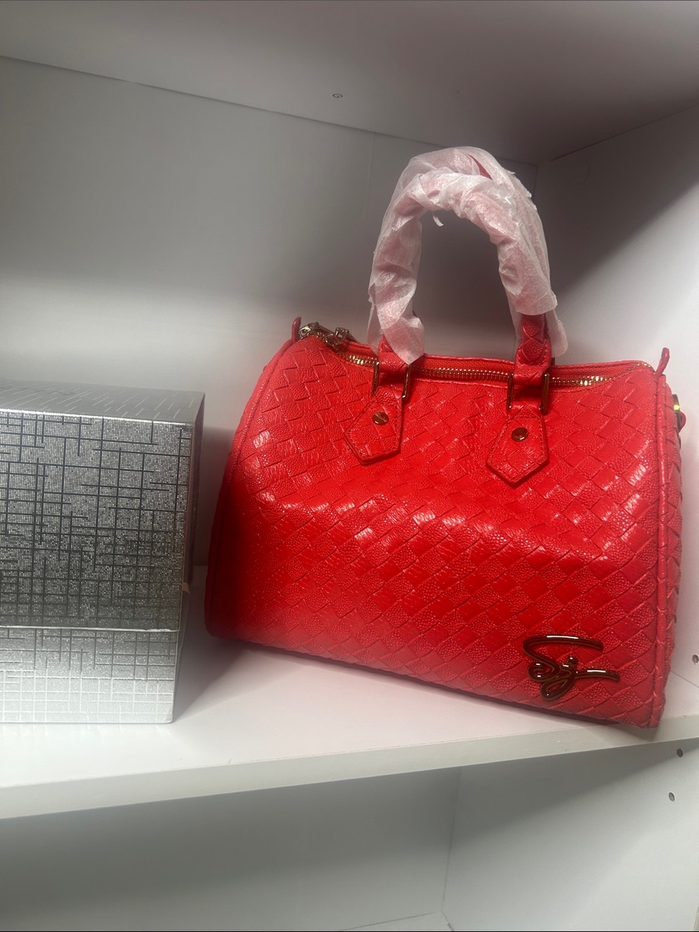 Red Woven Satchel Handbag with Top Handles